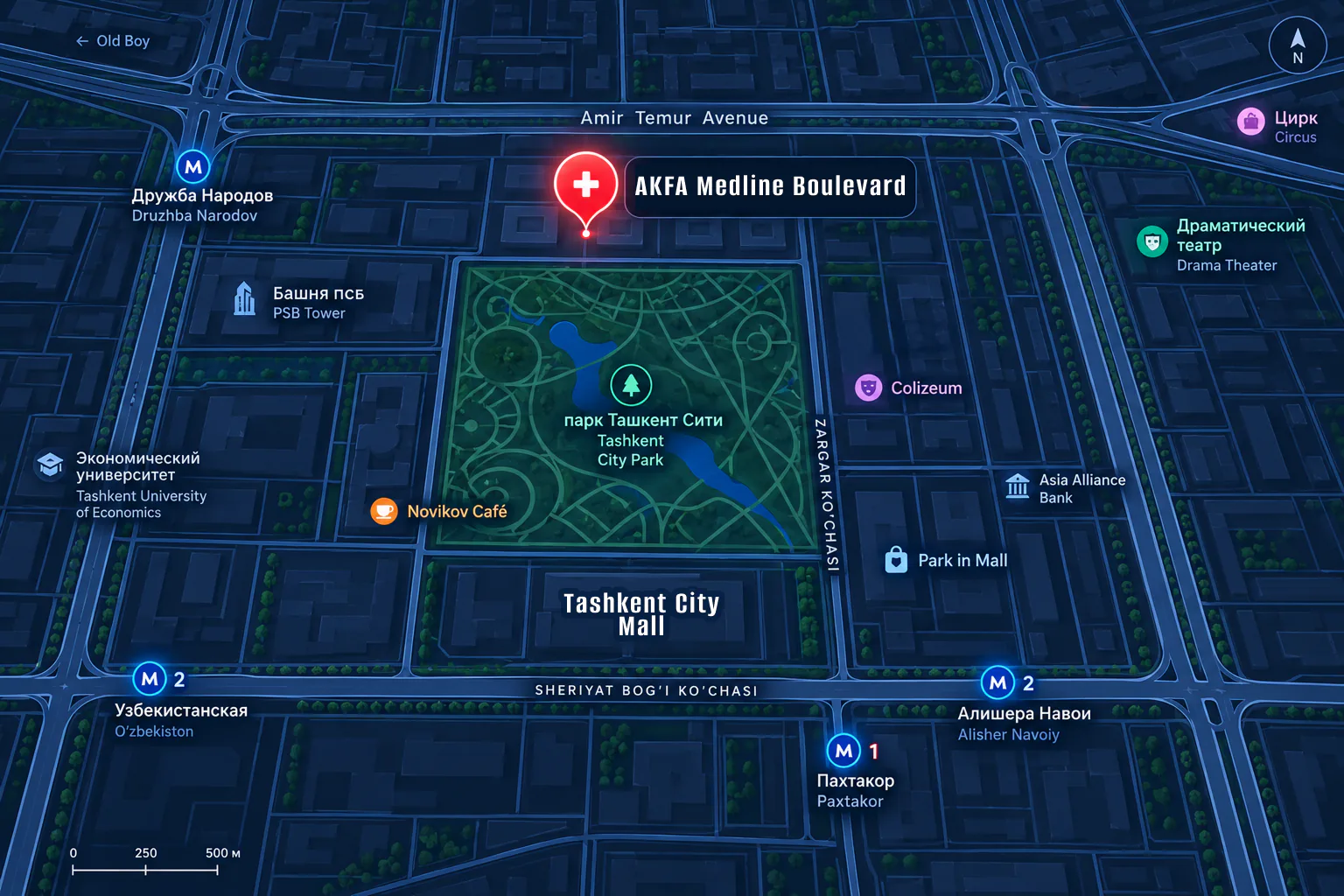 Toshkentdagi AKFA Medline Boulevard manzil xaritasi